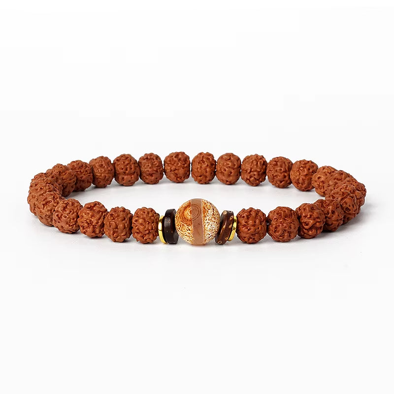 Royal Green Tiger Eye Vajra Rudraksha beaded meditation bracelet with central tiger eye stone and natural brown beads