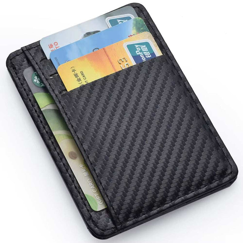 Mens slim minimalist black carbon fiber texture wallet with credit cards inserted