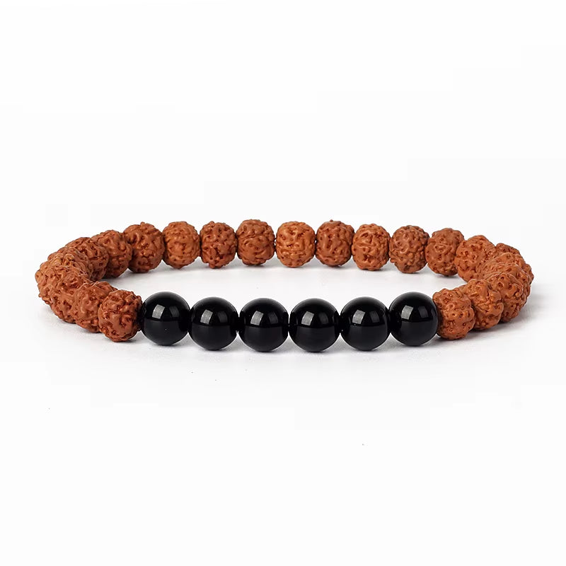Royal Green Tiger Eye Vajra beaded bracelet with natural Rudraksha and black beads for meditation and prayer