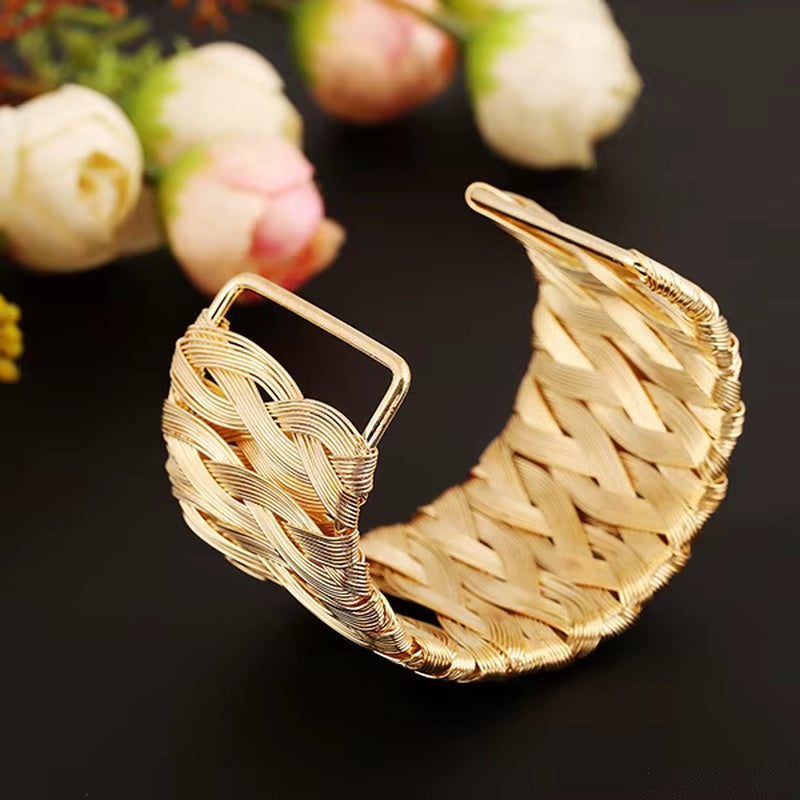 Gold woven punk style cuff bangle bracelet for women with intricate wire design