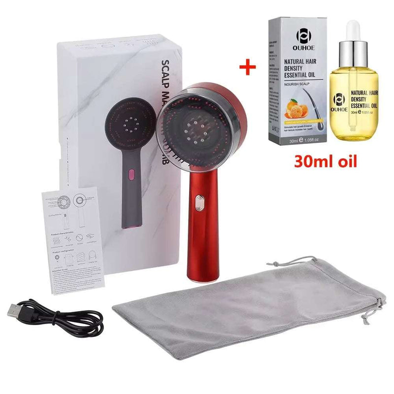 Hair Growth Massage comb with red light therapy, essential oil, USB charging, and storage bag for scalp care and hair thickening.