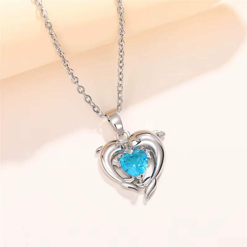 925 Sterling Silver Dolphin Blue Heart CZ Necklace Women Bride Wedding Clavicle Chain Necklaces Fancy Gift Statement Jewelry