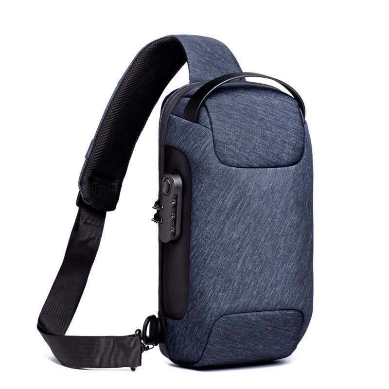 Waterproof anti-theft sling bag with combination lock in blue, made of 900D Oxford cloth and PU leather
