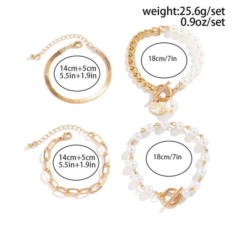 Set of imitation pearl chain bracelets with gold color metal, adjustable sizes 14cm+5cm and 18cm, stylish bangles design