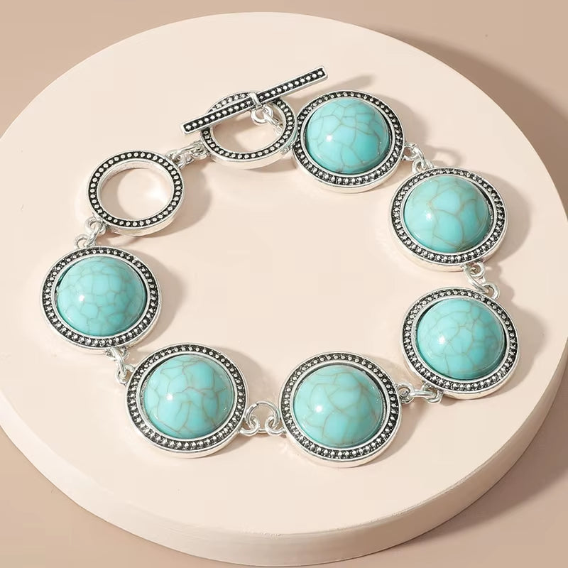Fashion Boho Vintage round turquoise bead bracelet for women with adjustable silver clasp