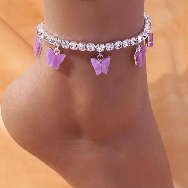 Purple butterfly charms anklet with rhinestone chain on ankle