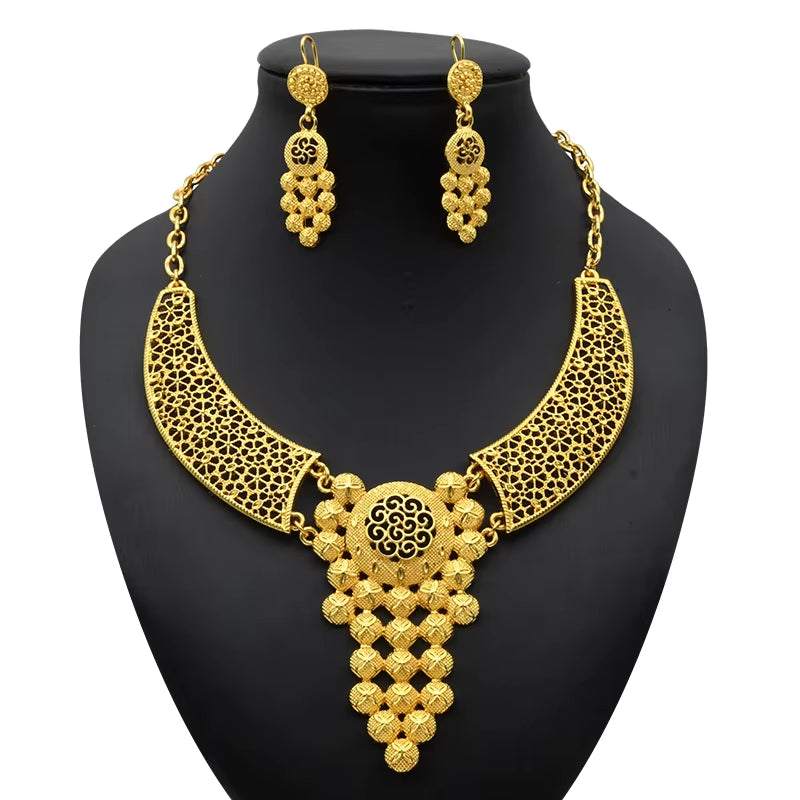 Indian Gold Colour Jewelry Sets Wedding Nigerian Necklace and Earrings 24K Gold Plated Jewellery Bridal Dubai Luxury Party Gifts