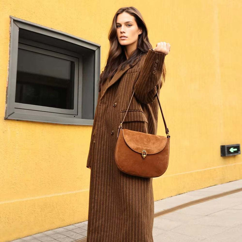 Luxury Brand Rodeo Women Bags brown suede leather shoulder crossbody bag worn by woman in brown coat