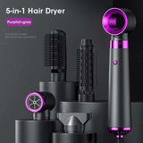 5-in-1 purplish-gray electric hair dryer with multiple styling attachments and compact design