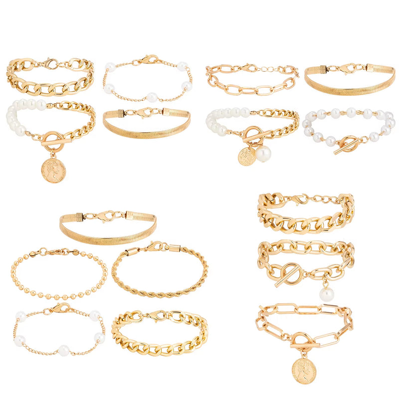 Set of gold color imitation pearl chain bracelets and bangles with various designs