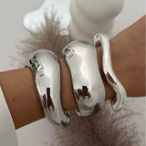 Punk Vintage Irregular chunky silver cuff bangles reflective glossy bracelets on wrist