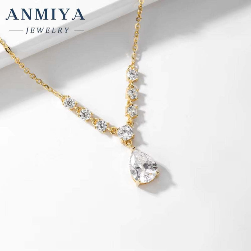 ANMIYA Custom 18K White Gold Zircon Necklace Latest Fancy Zircon Pear Cut Pendant Fancy Sterling Silver Jewelry