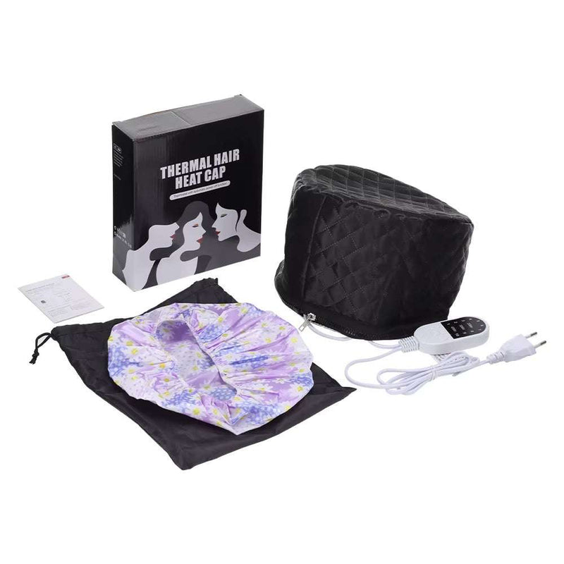 Portable electric thermal hair treatment hat with adjustable heat and timer settings, including a floral shower cap and storage bag.