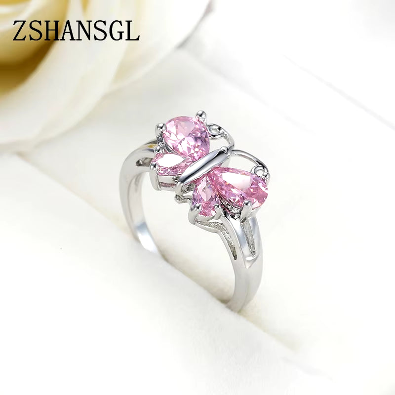 Silver butterfly ring with pink gemstones in 925 sterling silver