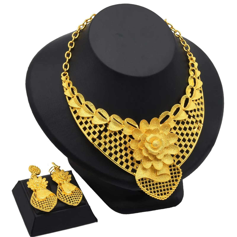 Indian Gold Colour Jewelry Sets Wedding Nigerian Necklace and Earrings 24K Gold Plated Jewellery Bridal Dubai Luxury Party Gifts