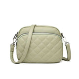 Diamond lattice pattern women's shoulder bag in light green PU leather with adjustable strap and front zipper pocket