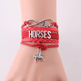 red Infinity Love Horses bracelet with horse charm and leather braid wrap on wrist