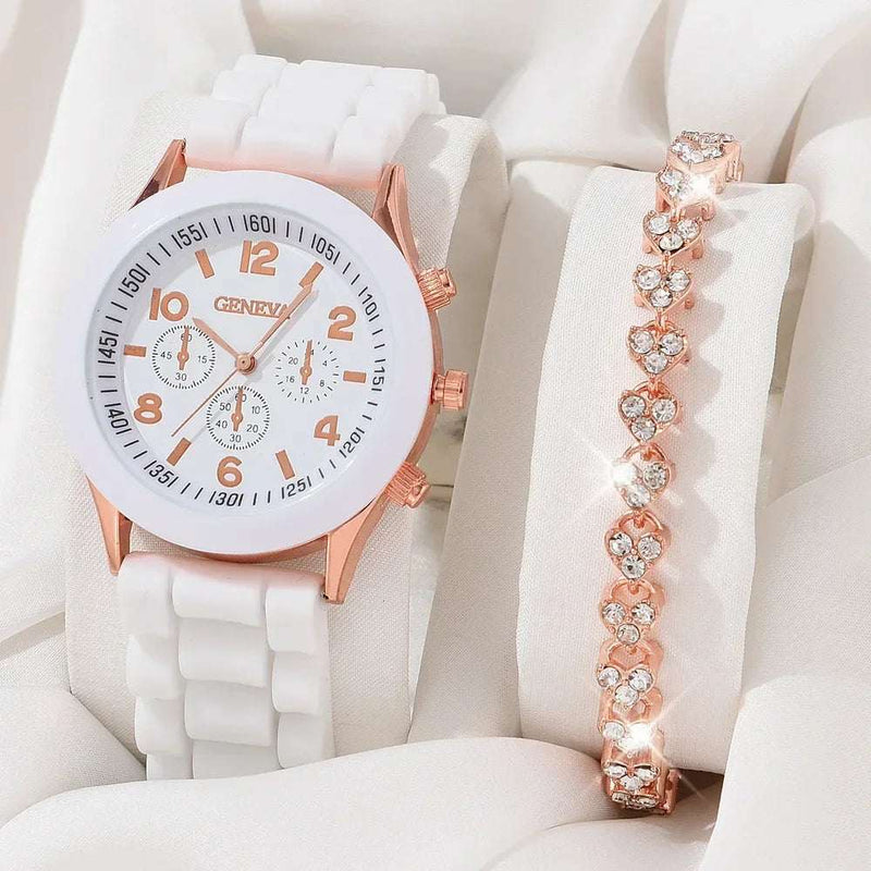 5PCS Set Luxury Watch Women Ring Necklace Earrings Rhinestone Fashion Wristwatch Female Casual Ladies Watches Bracelet Set Clock
