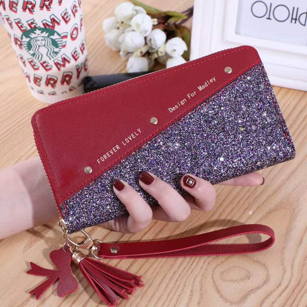Fashion womens PU leather red and glitter wristlet wallet with tassel and charm accessory