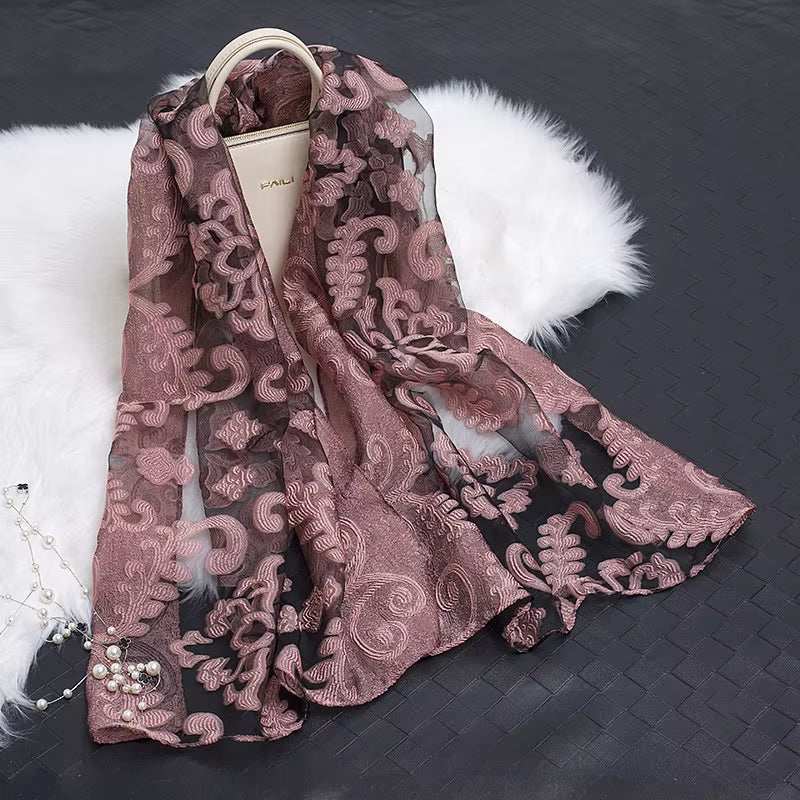 2023 Hot Sale Silk Scarf Womens Summer Breeze Lightweight Sheer Wrap and Shawls Bandana Beach Organza Gauze Lace Hollow Scarf