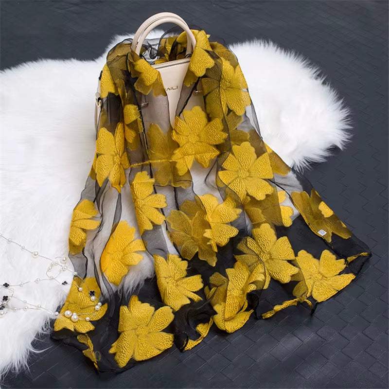 2023 Hot Sale Silk Scarf Womens Summer Breeze Lightweight Sheer Wrap and Shawls Bandana Beach Organza Gauze Lace Hollow Scarf