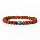 Royal Green Tiger Eye Vajra beaded bracelet with natural rudraksha beads and central green tiger eye stone