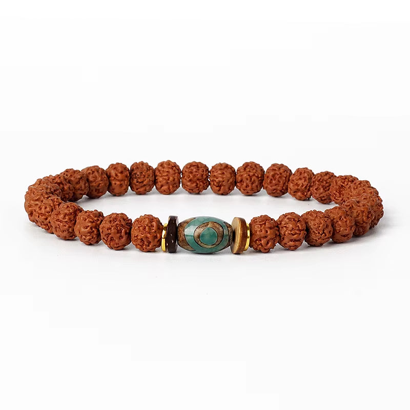 Royal Green Tiger Eye Vajra beaded bracelet with natural rudraksha beads and central green tiger eye stone