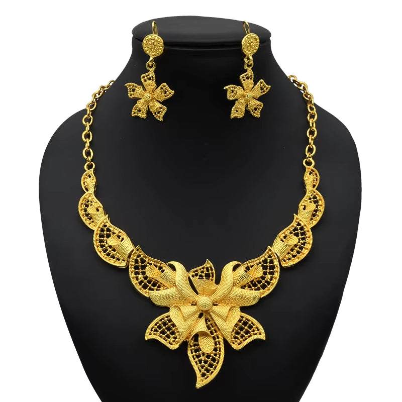 Indian Gold Colour Jewelry Sets Wedding Nigerian Necklace and Earrings 24K Gold Plated Jewellery Bridal Dubai Luxury Party Gifts