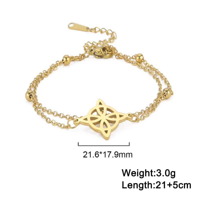 Gold knot pendant anklet with double chain and adjustable length for women