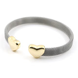 Vintage stainless steel mesh bracelet with gold heart-shaped ends