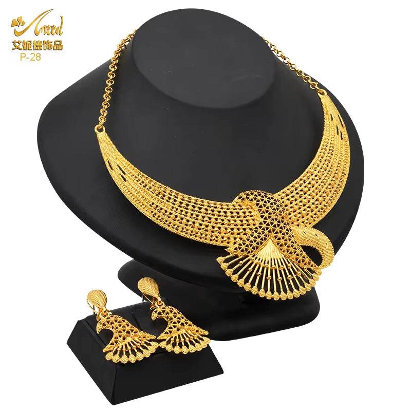 Indian Gold Colour Jewelry Sets Wedding Nigerian Necklace and Earrings 24K Gold Plated Jewellery Bridal Dubai Luxury Party Gifts