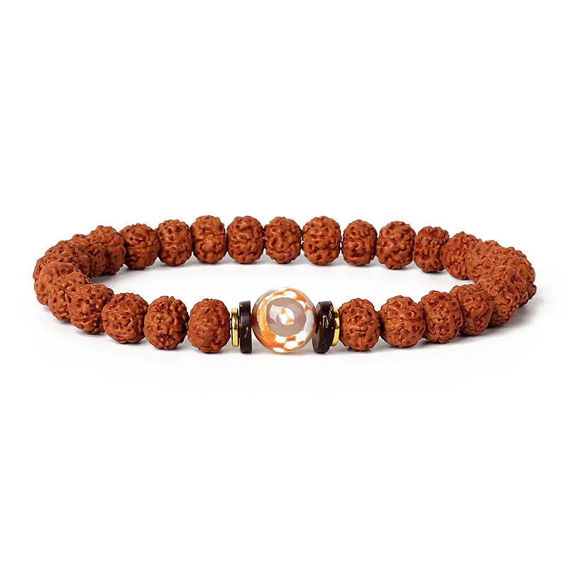 Royal Green Tiger Eye Vajra Rudraksha beaded meditation bracelet on white background
