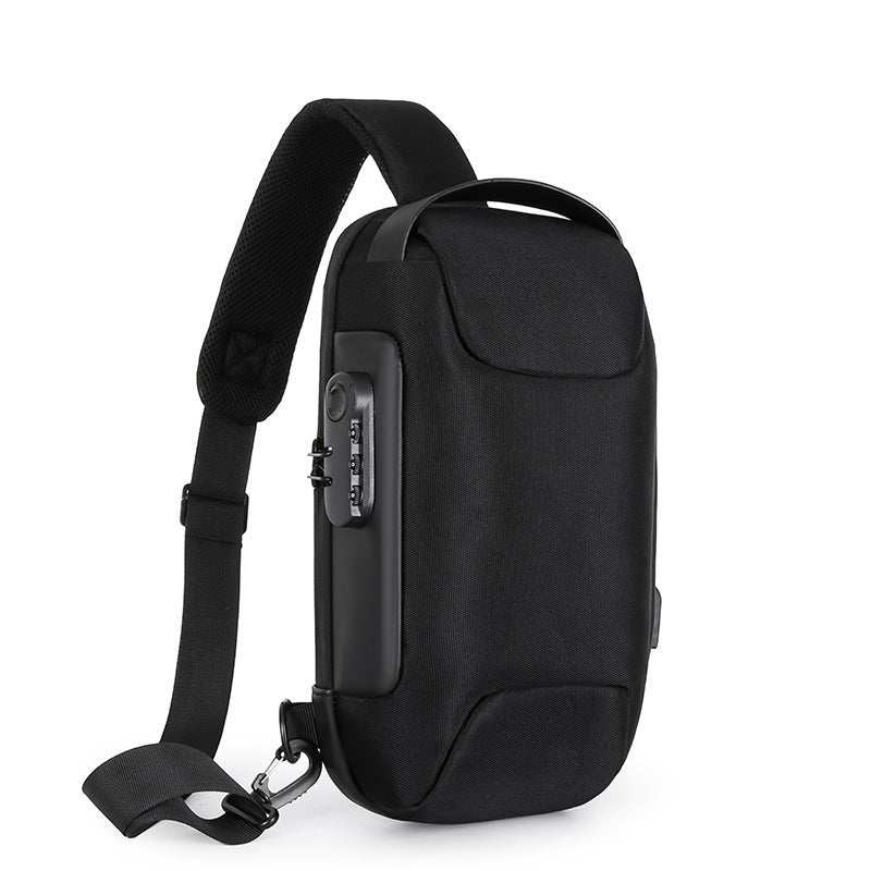 Black anti-theft sling bag with combination lock made of waterproof 900D Oxford cloth and PU leather
