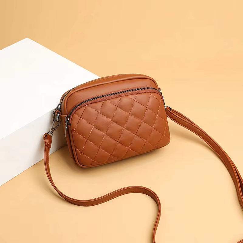 Diamond lattice pattern brown leather women shoulder crossbody bag with zipper closure