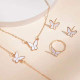 Butterfly Pendants Necklace jewelry set with necklace, bracelet, earrings, and ring in gold-tone alloy with white butterfly accents