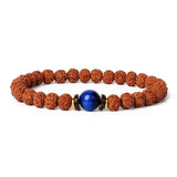Royal Green Tiger Eye Vajra bracelet with natural rudraksha beads and blue tiger eye centerpiece for meditation and prayer