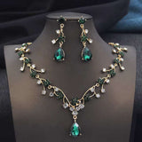 Gold and silver plated rhinestone water drop necklace and earrings bridal jewelry set with green crystals