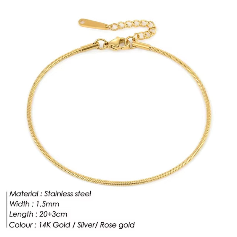 14K gold 316L stainless steel anklet with adjustable length and 1.5mm width