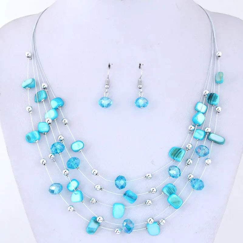 Women Bohemian African beads multilayer turquoise necklace and matching earrings set