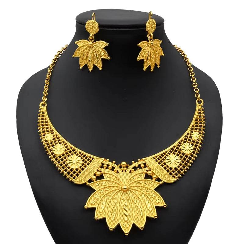 Indian Gold Colour Jewelry Sets Wedding Nigerian Necklace and Earrings 24K Gold Plated Jewellery Bridal Dubai Luxury Party Gifts