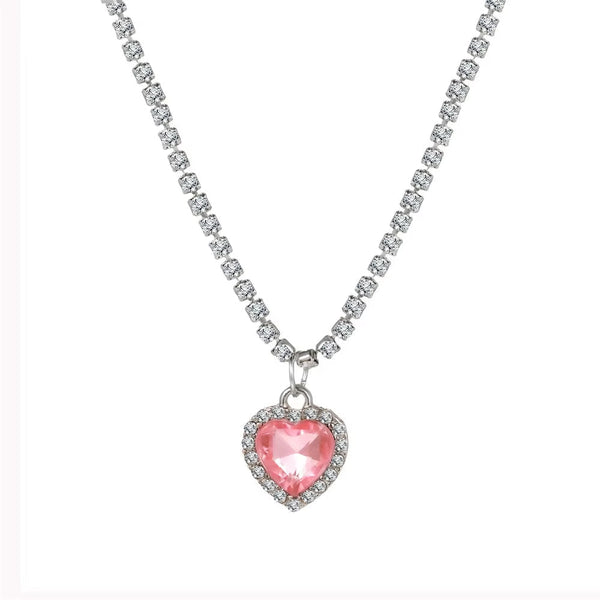 Fashion Heart Zircon necklace with pink heart pendant and clear zircon stones chain