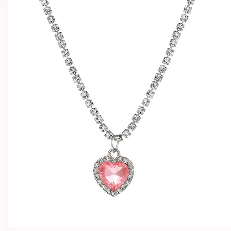 Fashion Heart Zircon necklace with pink heart pendant and clear zircon stones chain