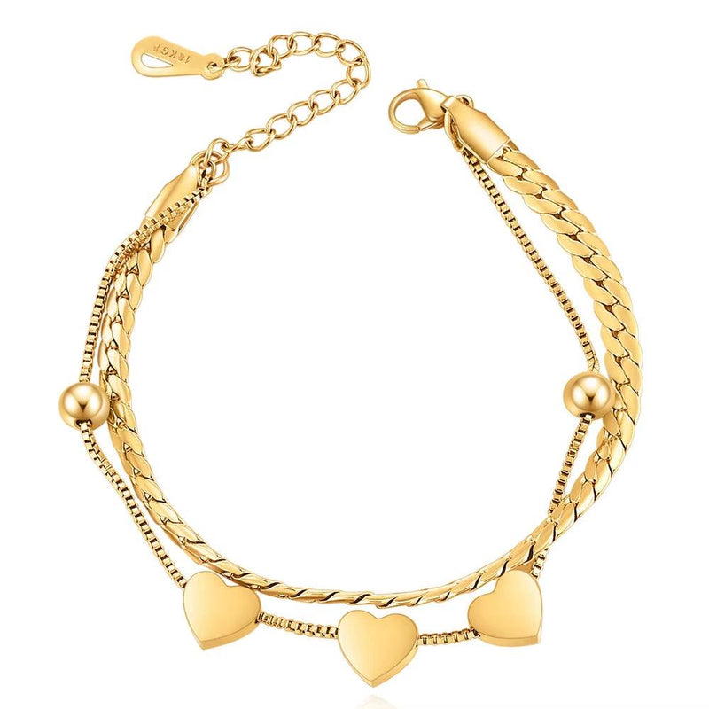 Charming Multiple Heart Double Bracelets&Bangles Three Color Stainless Steel Bracelets Statement Jewelry for Women Girls