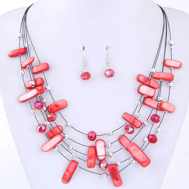 Women Bohemian African Beads multilayer red necklace and matching earrings jewelry set