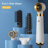 White-gold 5-in-1 electric hair dryer with multifunctional styling brush attachments and strong wind settings