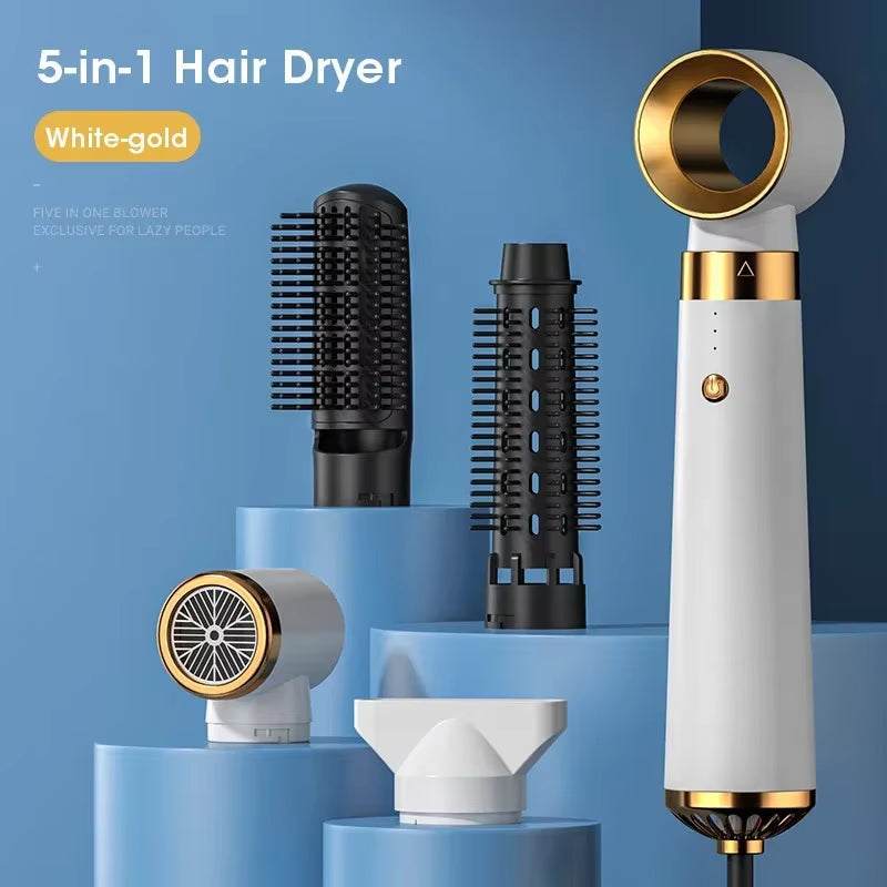 White-gold 5-in-1 electric hair dryer with multifunctional styling brush attachments and strong wind settings
