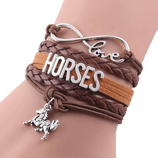 handmade Infinity Love Horses leather braided wrap bracelet for women with horse charm