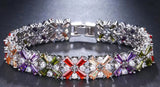 Luxury silver bracelet with multicolored crystal flower charms for women