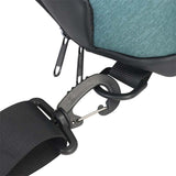 Close-up of black strap and metal clasp on waterproof sling bag made of 900D Oxford cloth and PU leather