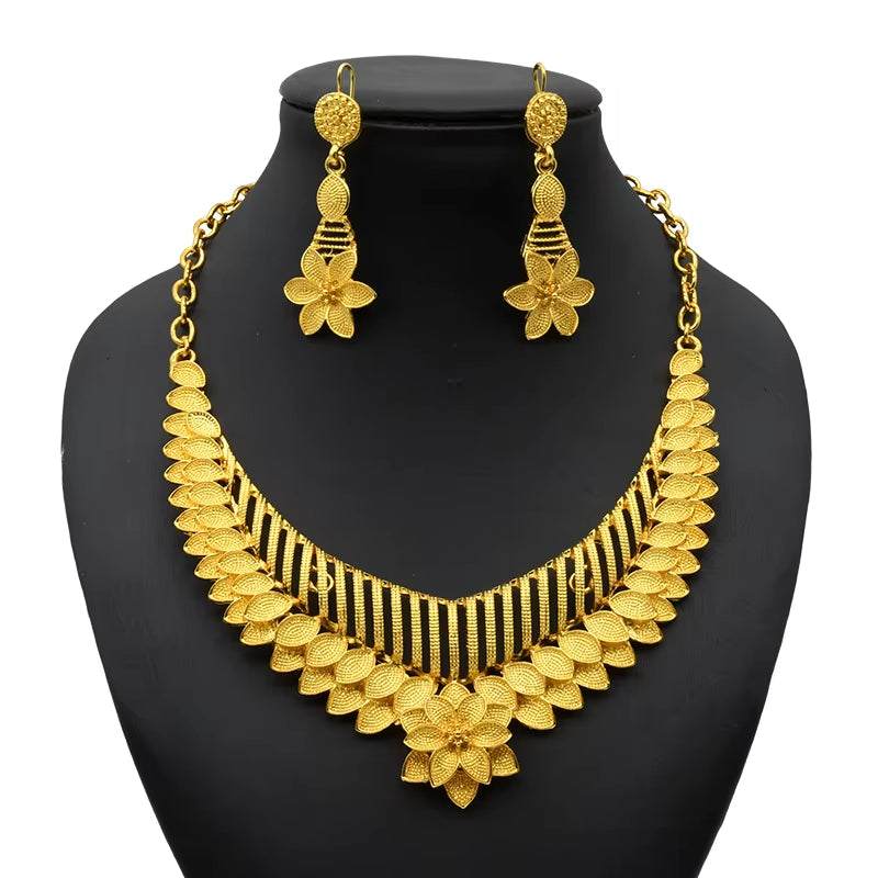 Indian Gold Colour Jewelry Sets Wedding Nigerian Necklace and Earrings 24K Gold Plated Jewellery Bridal Dubai Luxury Party Gifts